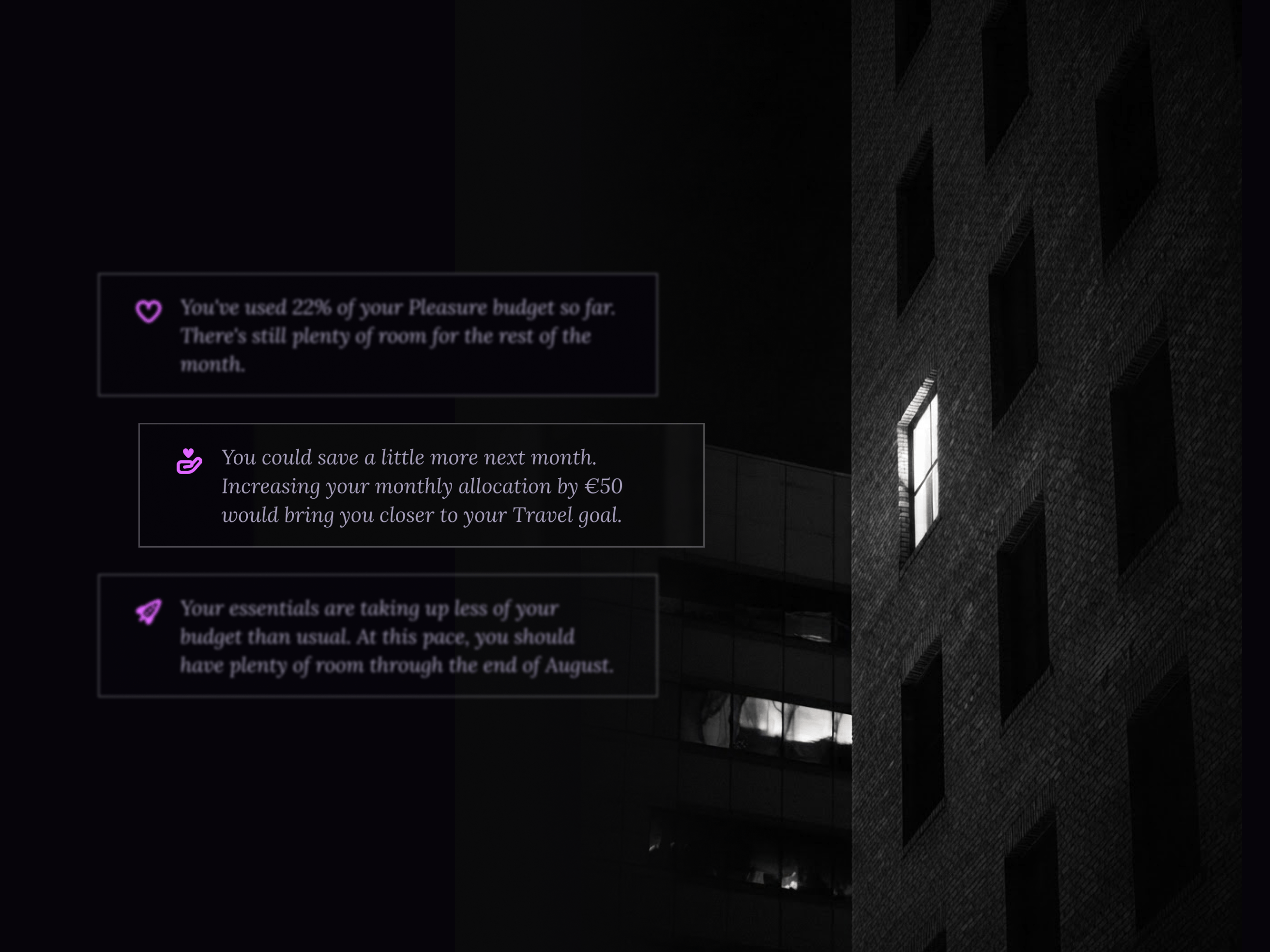 Jiminy Voice guidance cards floating over a lit window in a dark building